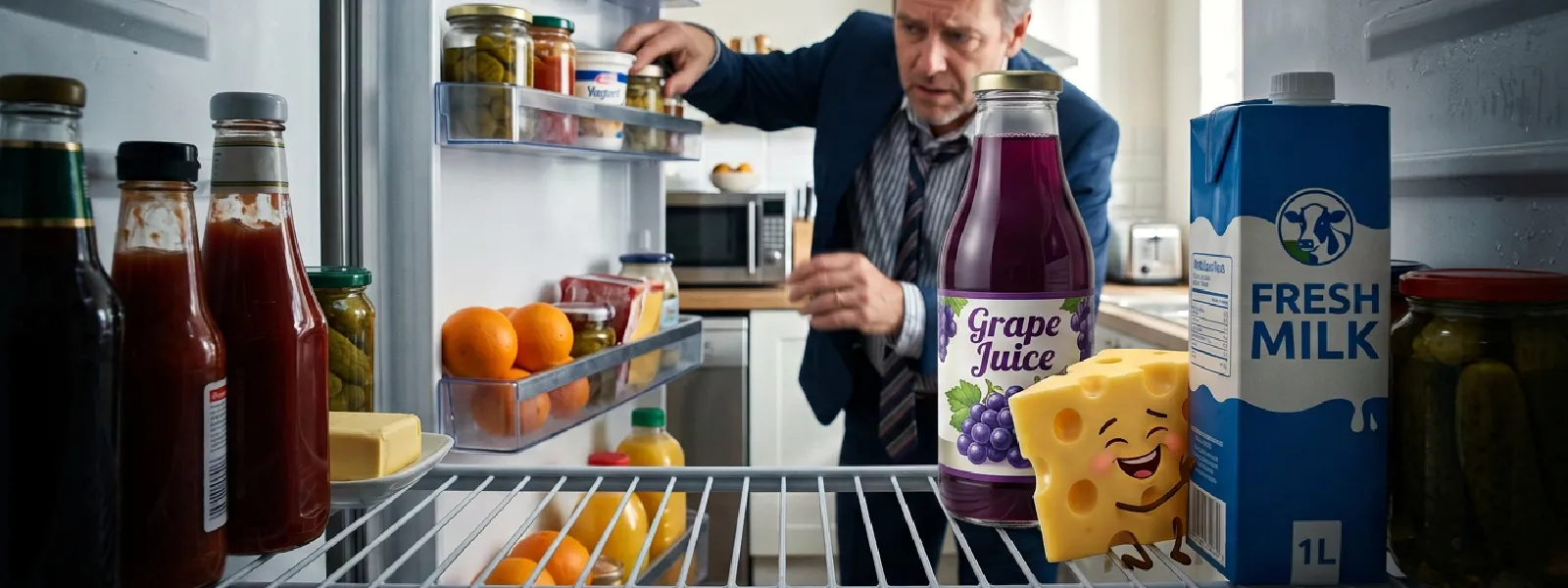 an ai illustration of a man playing hide and seek with cheese in the fridge