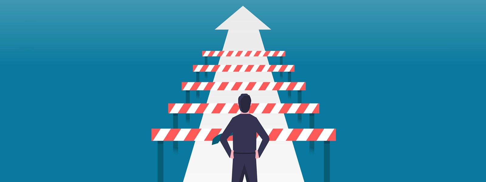 an illustration of a businessman looking at a series of hurdles stopping him from moving forward