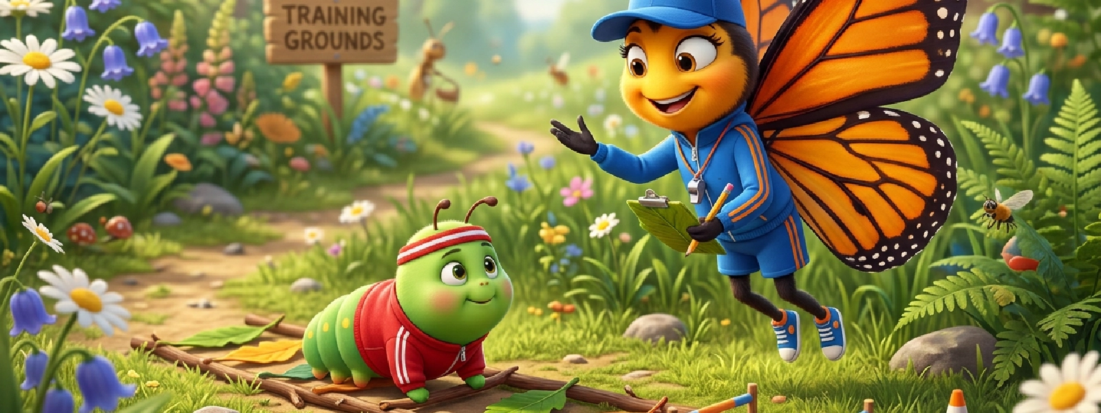 A comic of a butterfly coaching a green caterpillar