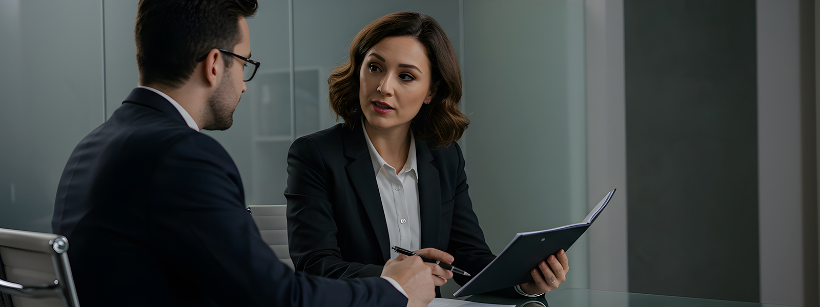 Two corporate executives talk about the details in a folio