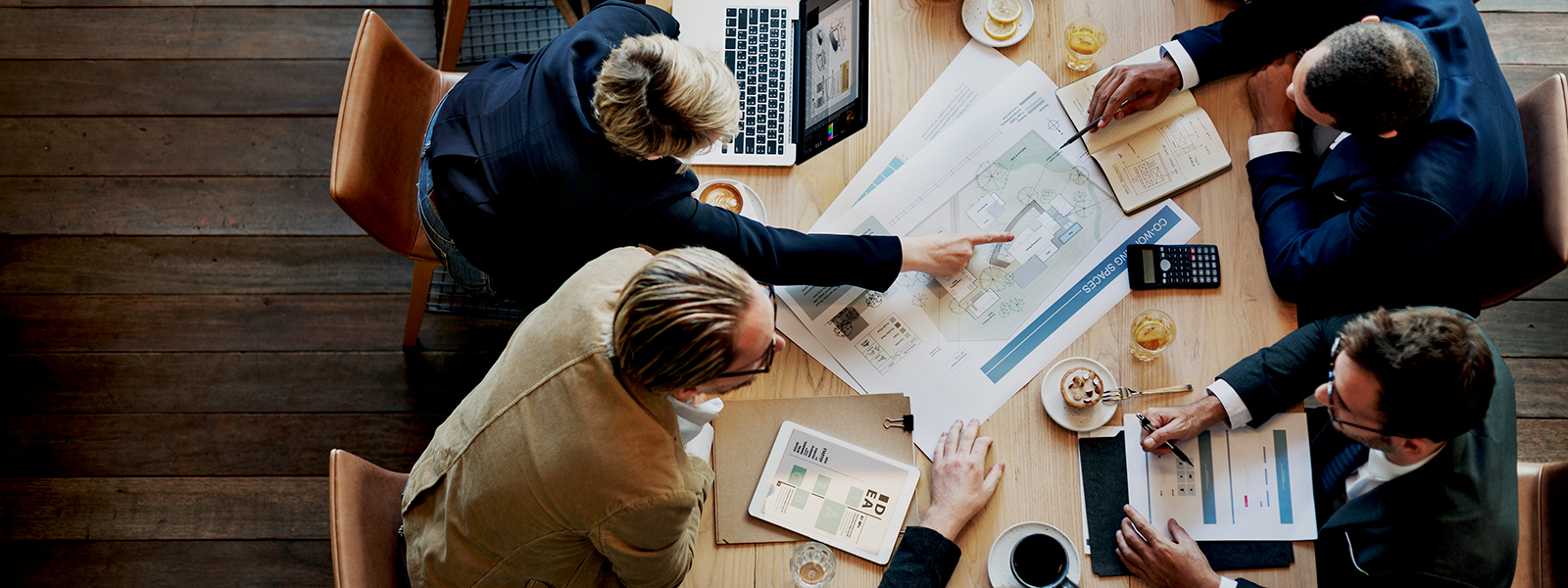 An overhead view of a team working on a project