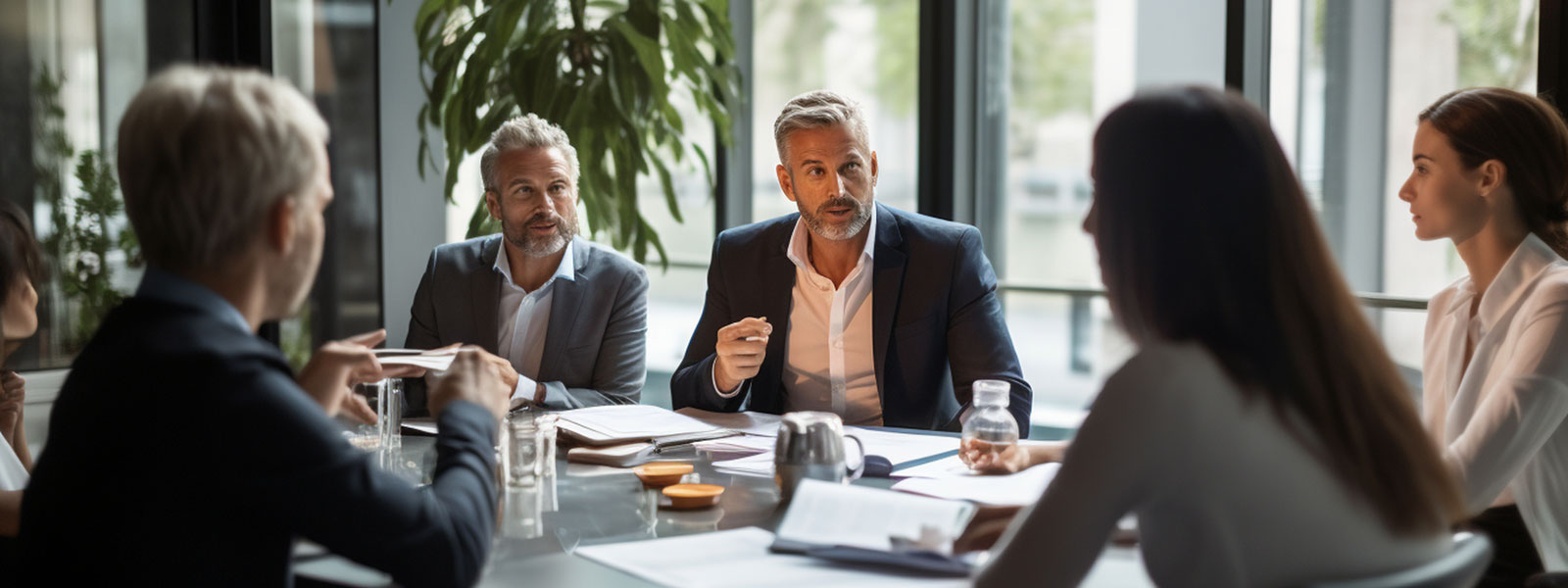 A photo of a confident manager leading a meeting