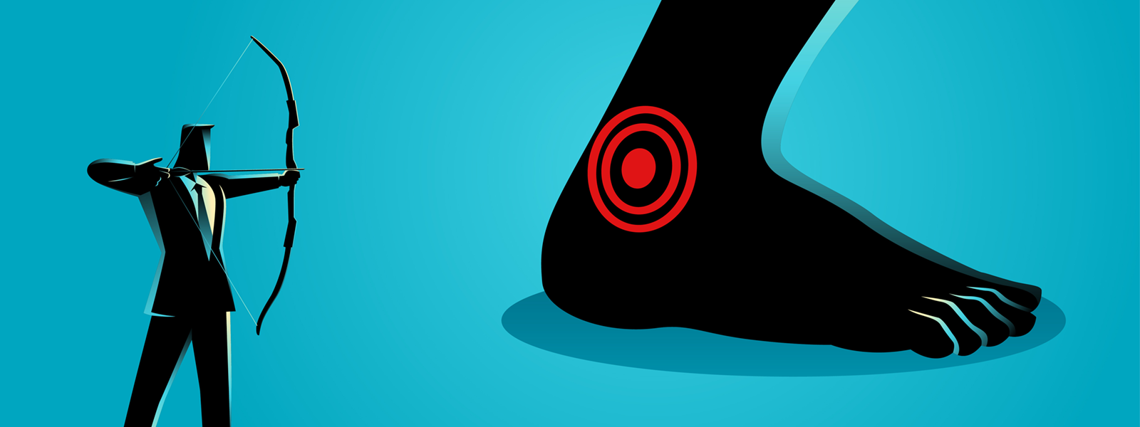 an illustration of a businessman aiming an arrow at a large achilles heel
