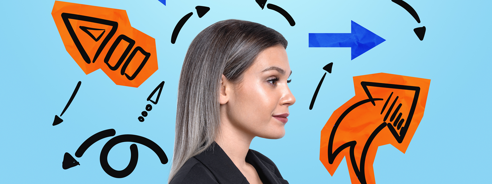 a photo of a woman surrounded by arrows pointing in all different directions