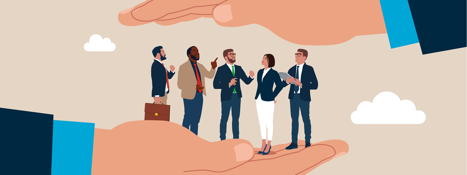 A photo of two large hands holding a team of businesspeople