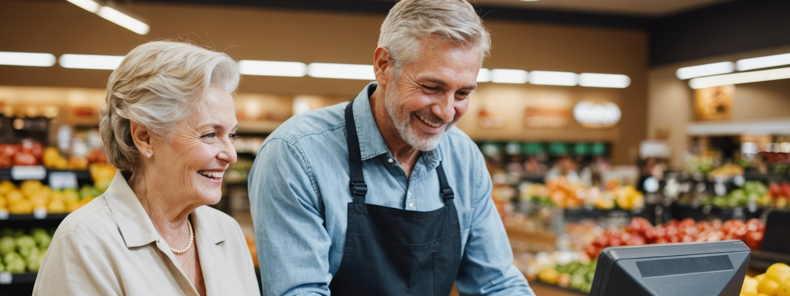 A grocer helps a customer at the checkout