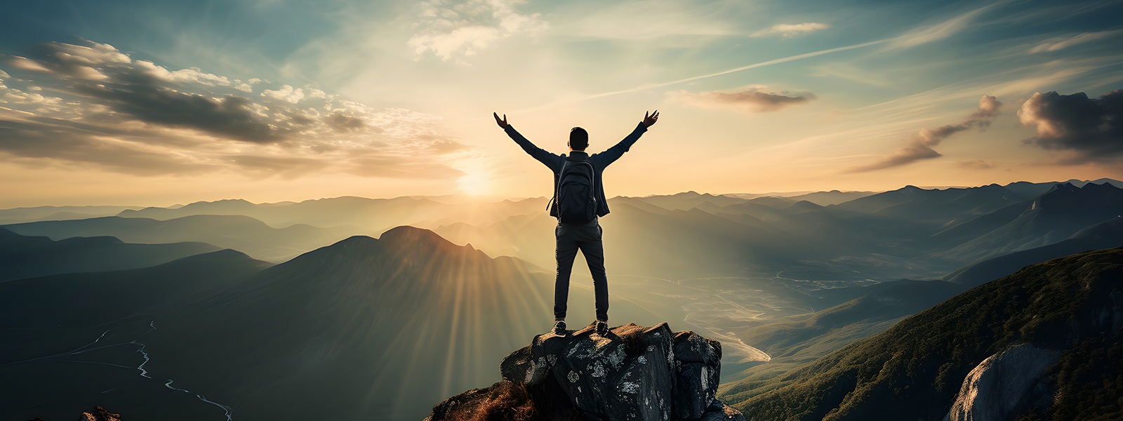 A man at the top of a mountain as the sun rises