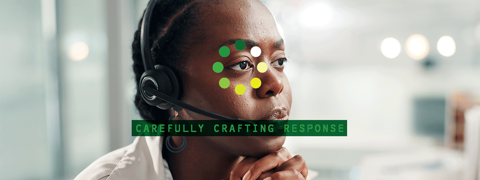 A woman waits patiently through negative feedback while a loading animation plays over her face TRANSCRIPT: Carefully Crafting Response