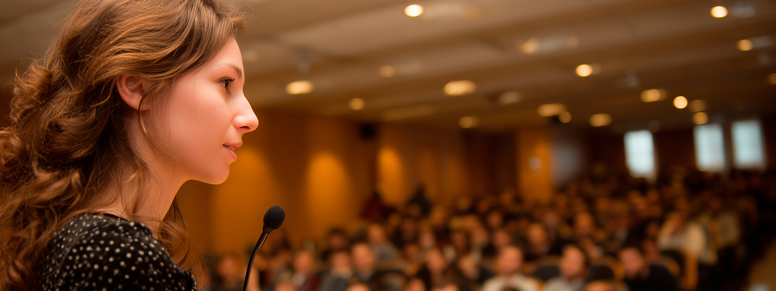 A woman speaks into a microphone while standing at a podium, shown in profile, addressing a large audience seated in a softly lit conference or lecture hall.