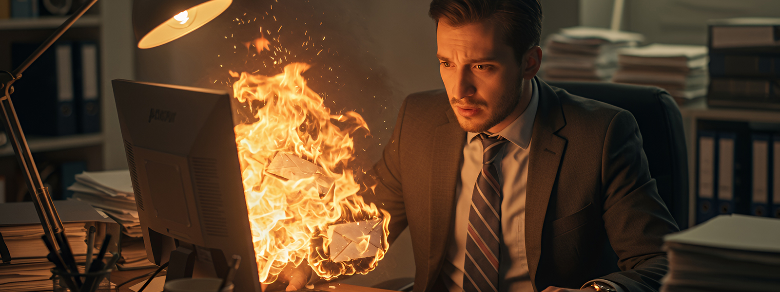 A stressed office worker sits at his desk staring at a computer screen engulfed in flames, with burning email envelopes symbolizing overwhelming workload or digital chaos.