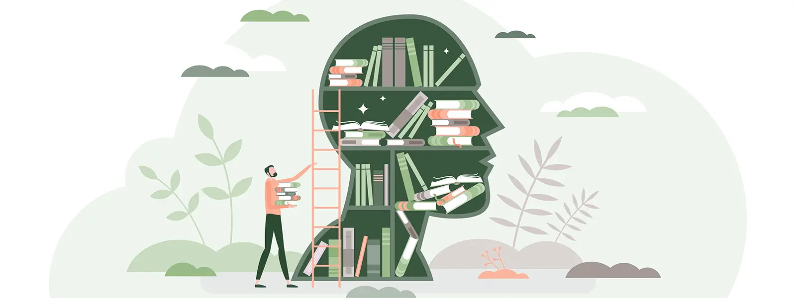 An illustration of a man pulling from a shelf of books shaped like a person's profile