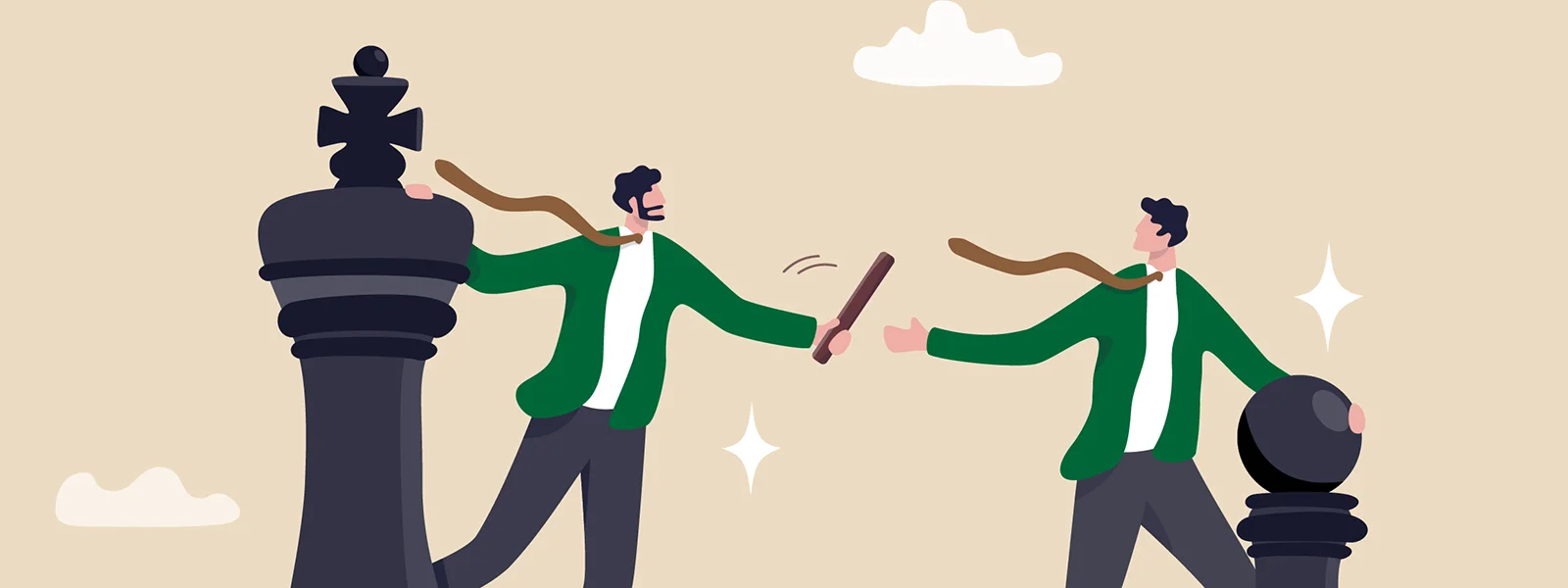 A cartoon of a businessman riding a king chess piece passing a baton to another businessman riding a pawn chess piece