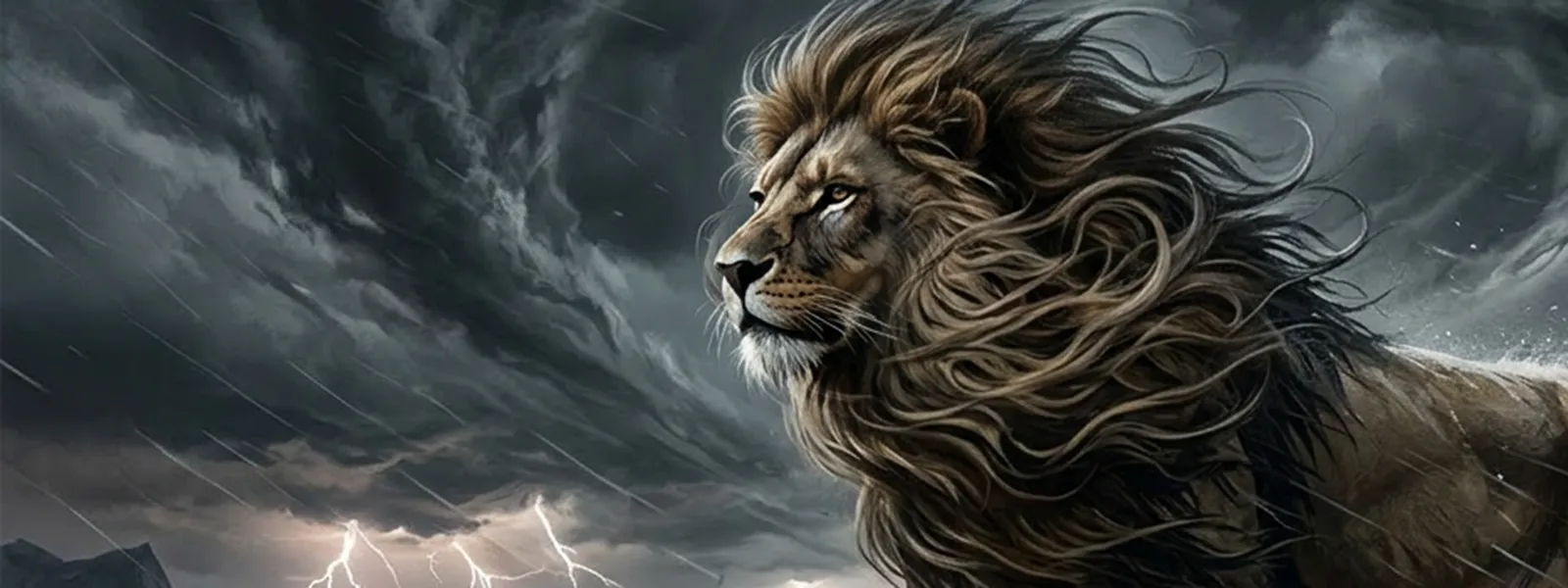 an ai rendering of a lion standing against the heavy winds of a storm