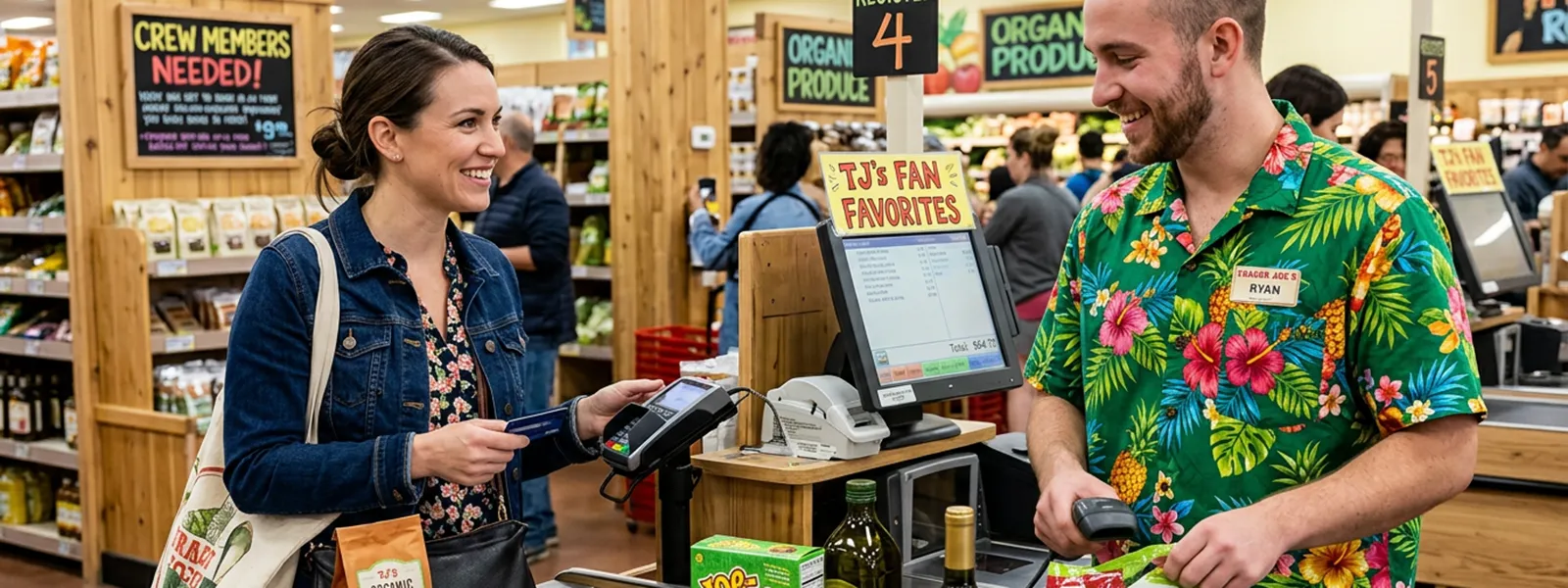 an ai rendering of people chatting in a grocery checkout line