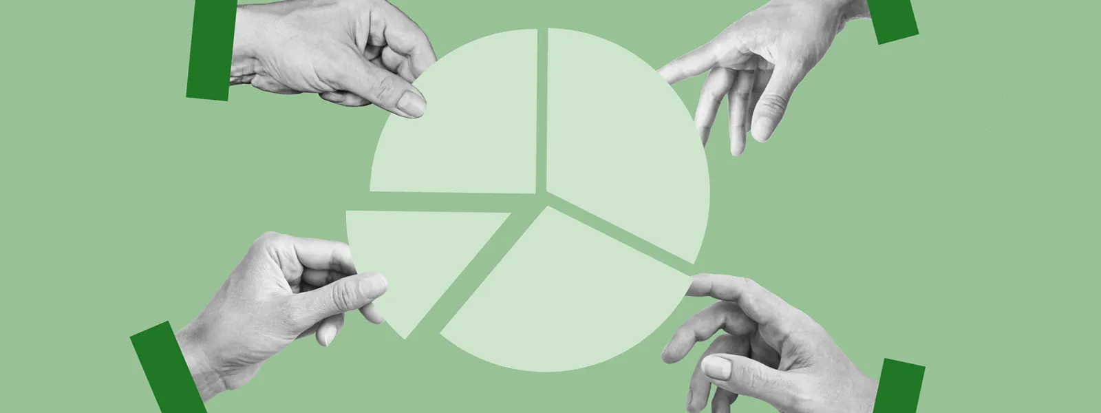 a collage showing hands pulling away various pieces of a pie chart