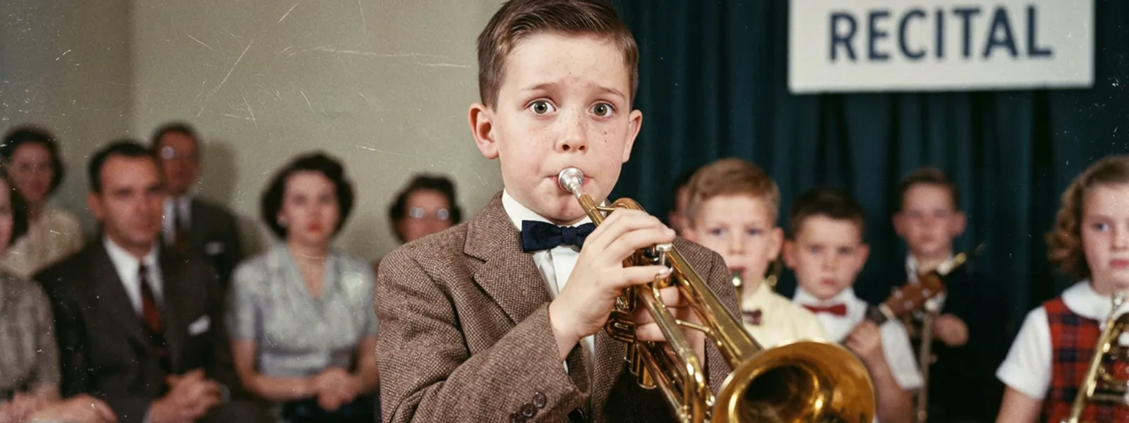 an ai rendering of a nervous boy playing trumpet