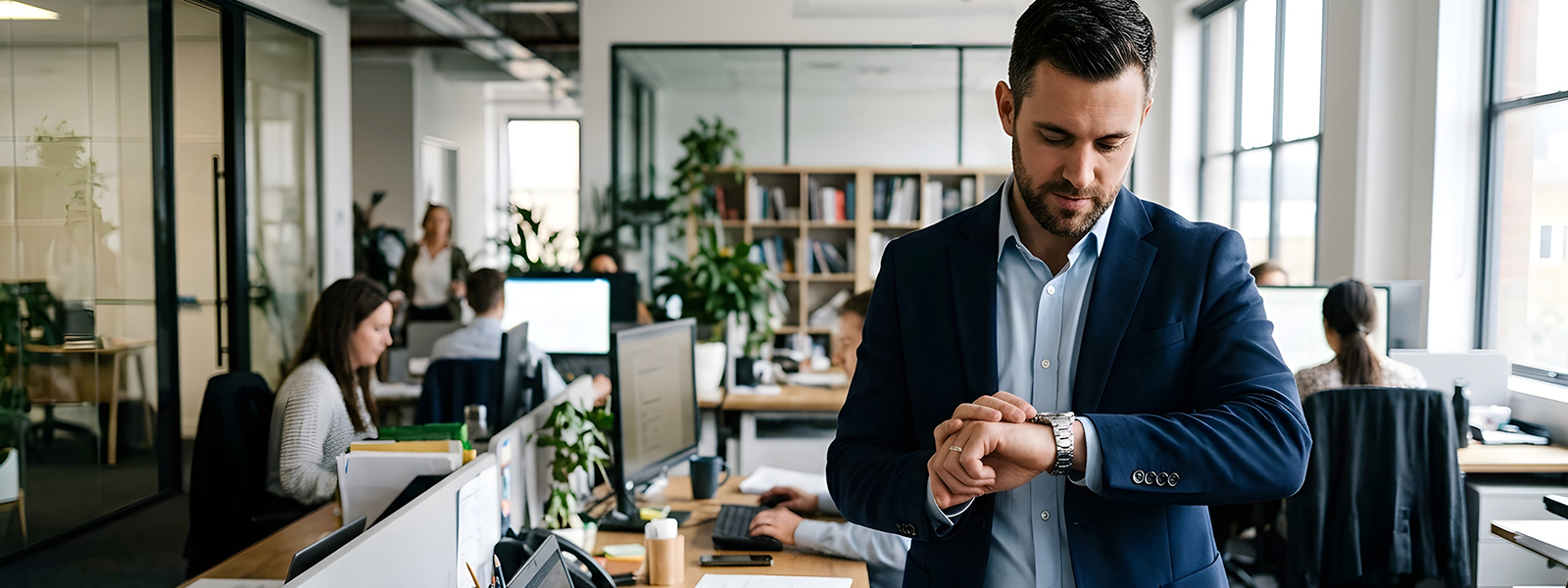 Businessman checking wristwatch in busy open-plan office