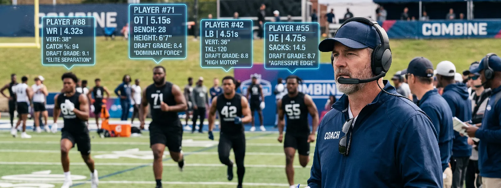 A coach reviews prospects at a football combine